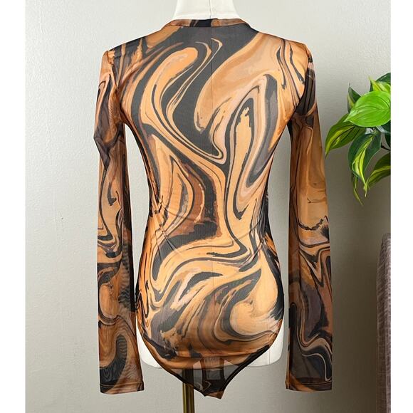 Zara Brown & Black Abstract Print Long Sleeve Sheer Bodysuit Size Medium - Picture 3 of 10